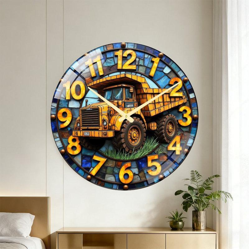 Superbe horloge murale en verre coloré avec design de camion à benne basculante - horloge murale moderne en verre 24 po