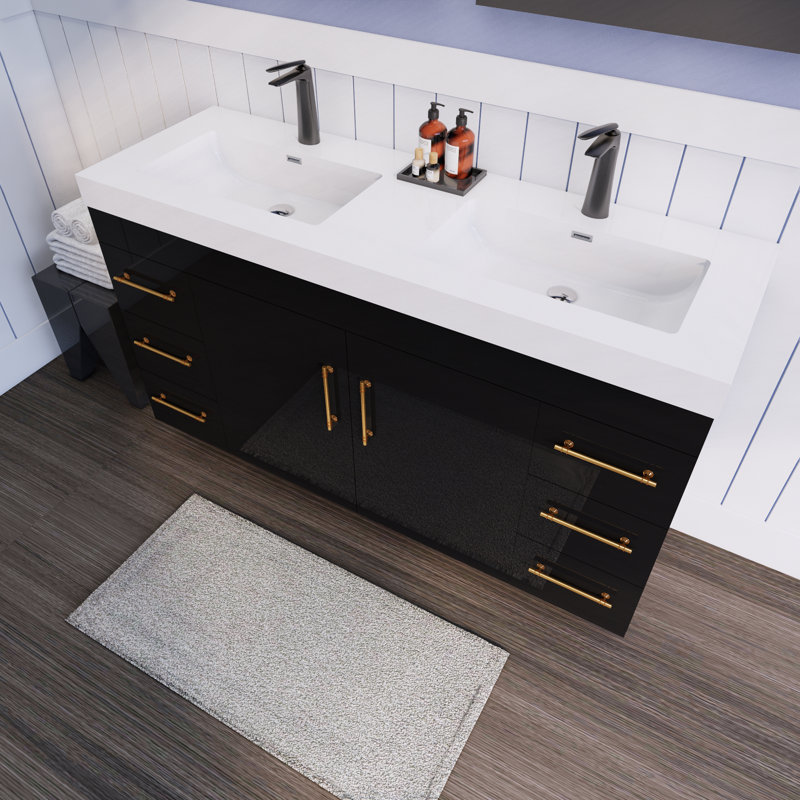 60'' Double Bathroom Vanity with Acrylic Top, Gloss Black