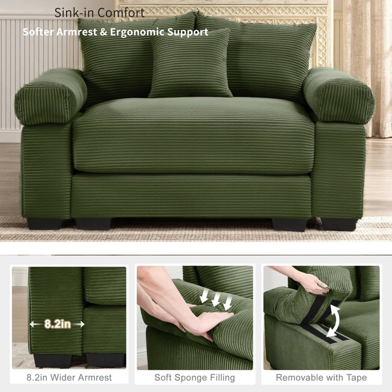 54" Cloud Sofa, Plush Corduroy with Extra-Wide Arms & Ottoman, Green