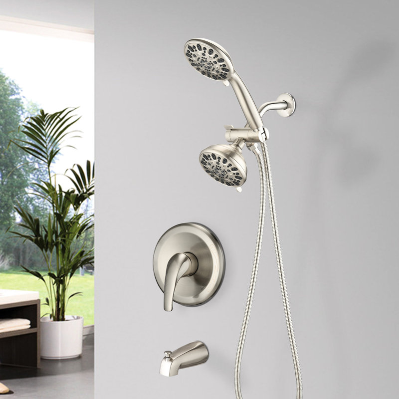 Wall Mounted Shower With Tub Spout - High Dual 2 In 1 Faucet Valve. 7 Spray Modes For A Soothing Bath. . All Metal. 1.8 Gpm Flow. 59" Hose. 1/2" Connector To Refresh Yourself. Gpm. Hose Length. Size