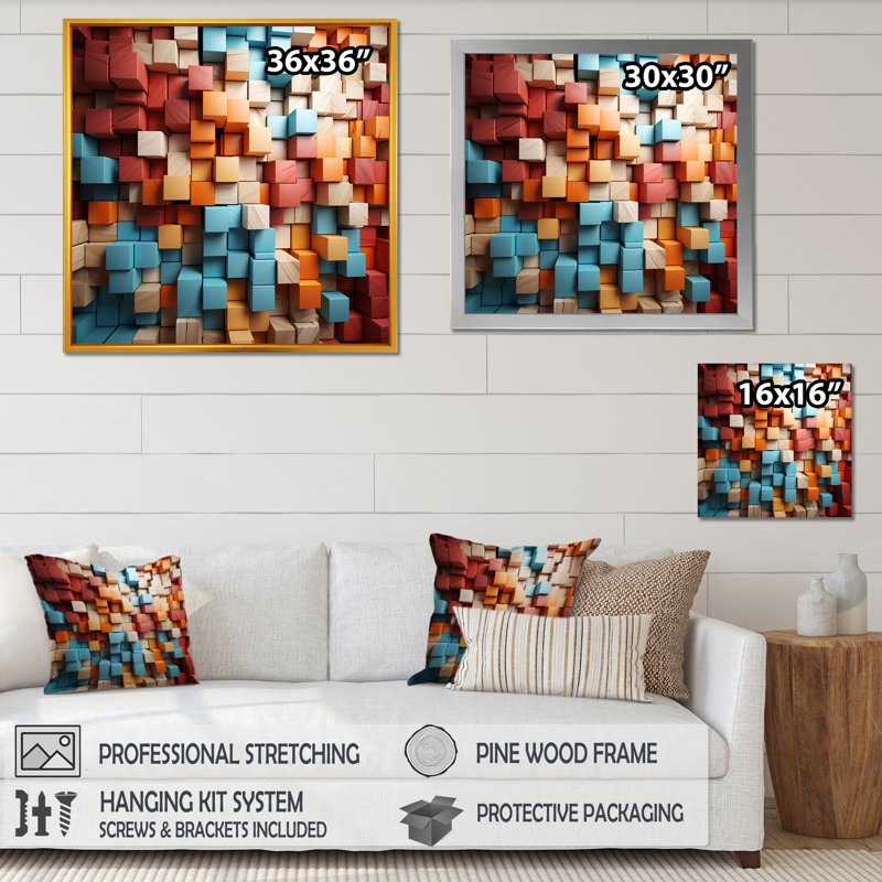 «Blue and Red Abstract Cubes I - Abstract Cubism», reproduction d'art murale, Cadre flottant noir