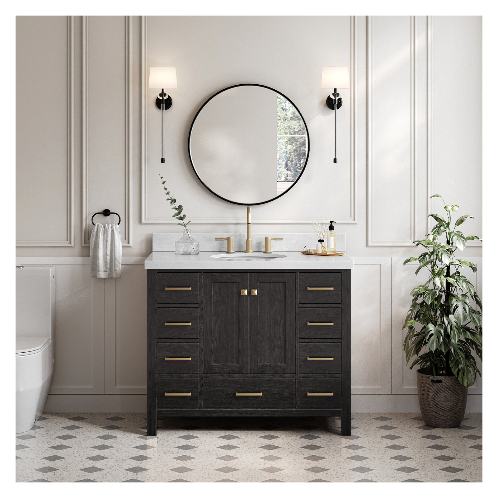 Cambridge 43'' Single Bathroom Vanity, Black Oak / Satin Brass