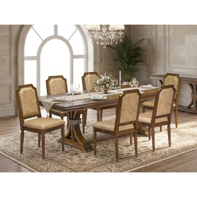 7-piece Mid-Century Dining Table Set consists of a Kitchen Table and 6 Beige PU Leather Dining room Chairs with High Back - Antique Walnut Finish