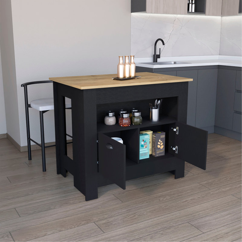 Îlot de cuisine H 35 po avec 2 portes et 3 tablettes, Black
