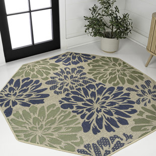 Hagy Modern Floral Textured Weave Navy/Green Indoor/Outdoor Rug