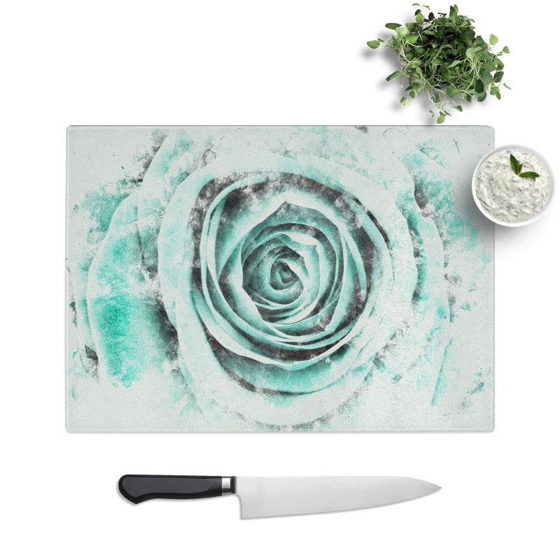 Tempered Glass Mint Green Rose Chopping Board, 28.5 cm x 39 cm