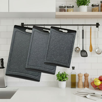 Extra Large Dark Gray Plastic Kitchen Cutting Board Set (3 Pieces) With Drainage Channels And Easy-Grip Handles; Non-Slip, Durable, And Easy-To-Clean; Suitable For Home Use.