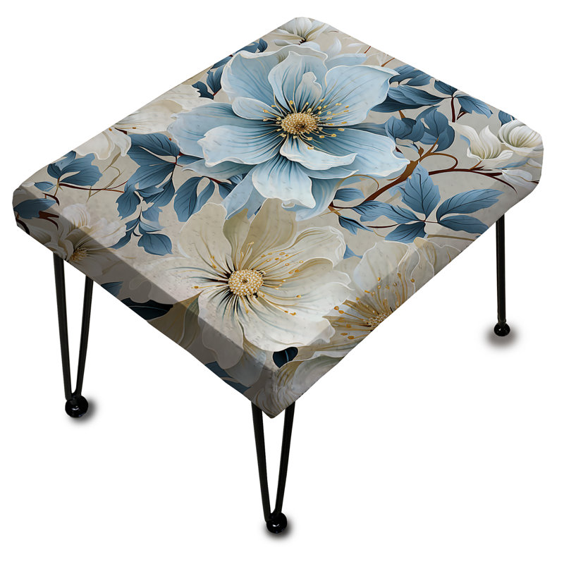 White And Blue Blossoms Floral Pattern I - Floral Rectangle Ottoman