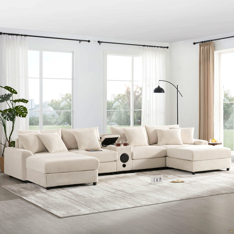 Canapé modulaire en velours côtelé avec haut-parleurs Bluetooth, canapé en U avec console, chargeur USB, porte-gobelets, rangement, repose-pieds