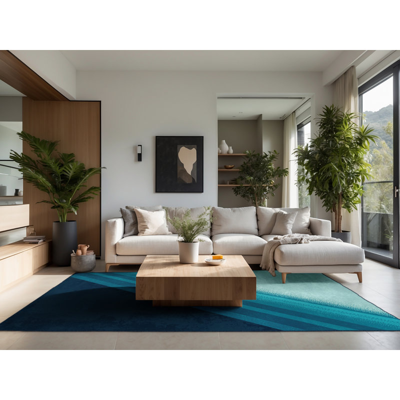 Soft Plush Burnham Victoria Falls Contemporary Ombre Area Rug in Green – Navy Binding, 5x7