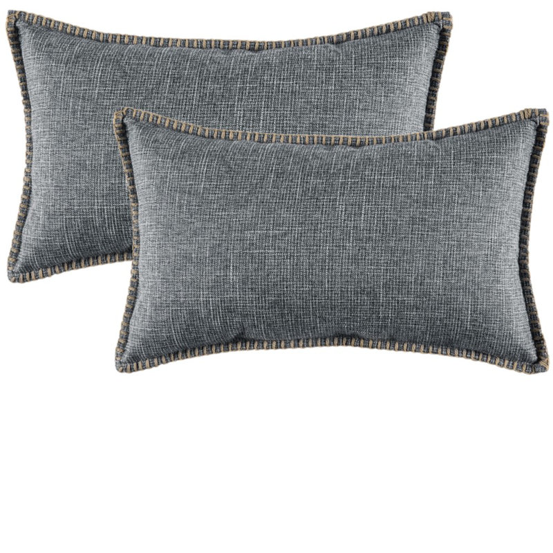 Ensemble de 2 coussins en lin à garniture décorative (inséré inclus), H 14 po x l 20 po, Gris, Rectangulaire