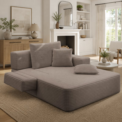 Oversized Plush Corduroy Chaise Lounge Sofa Bed, Convertible Sleeper with Storage Pockets and Soft Pillows for Multi-Functional Use