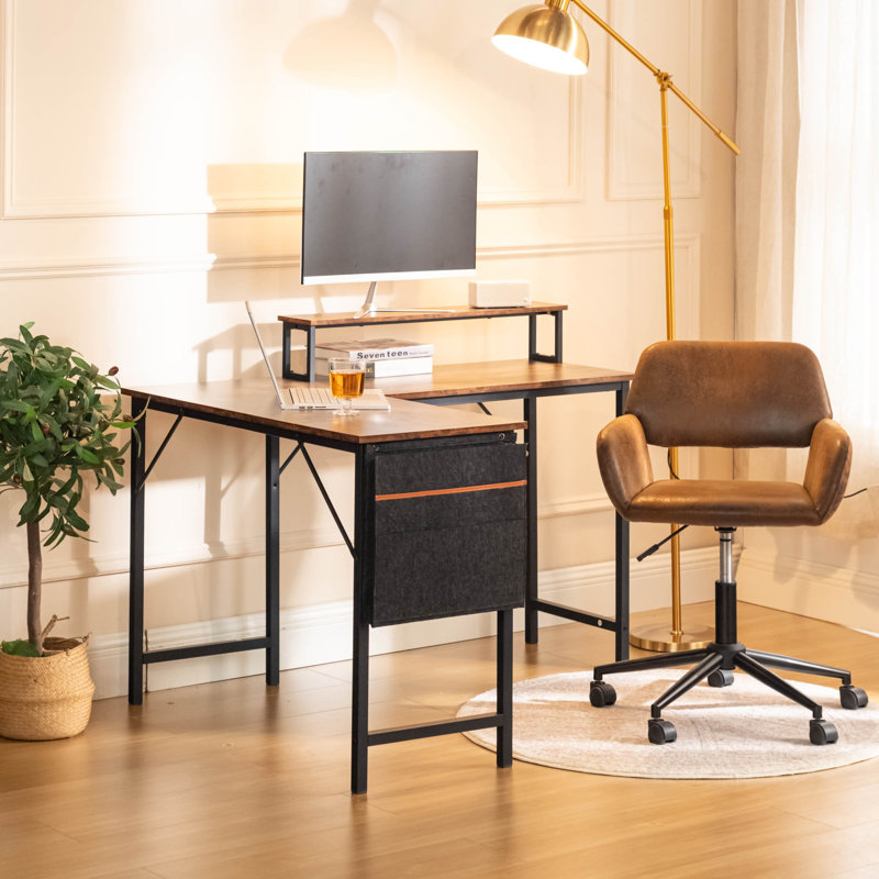 Bureau d'ordinateur en L avec tablette de rangement 48,8 pouces avec sac de rangement, poste de travail à domicile avec cadre en métal robuste et nombreuses solutions de rangement, pour studio de jeu et bureau personnel, rétro