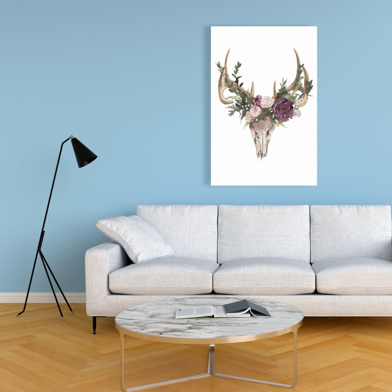 Deer Skull with Flowers - Rustic Office Canvas for Home Decor