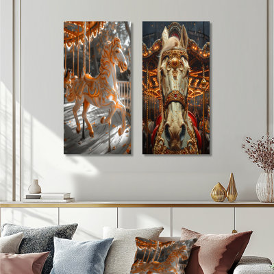 Or, blanc, conte de fées, cheval, carrousel I - ensemble d'art mural 2 pièces
