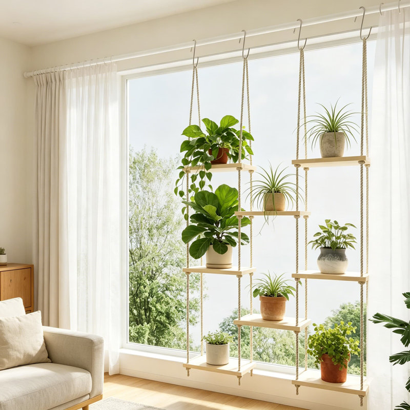 Tablette suspendue à 8 niveaux pour plantes - Support mural pour plante d'intérieur à hauteur réglable, décor boho peu encombrant pour le salon, la chambre à coucher ou le jardin