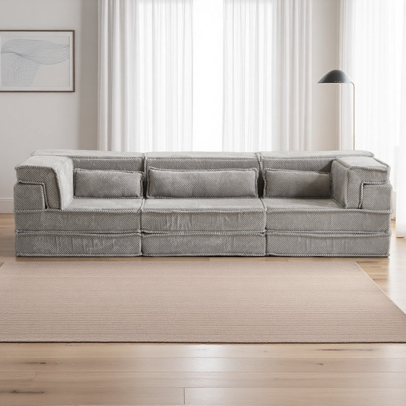 Compression Mahjong Sofa,Convertible Floor Sofa Bed,DIY Boneless Modular Sectional Sofa,No Assembly Required,Circle Fleece Fabric,Oversized 3 Seater With 3 Pillows