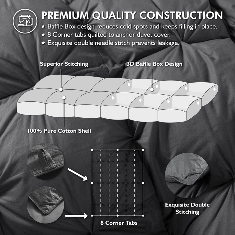 Luxurious All-Season Black Pinch Pleat Oversize Goose Down Comforter Duvet, 750+ Fill Power, 100% Down-Proof Cotton Cover