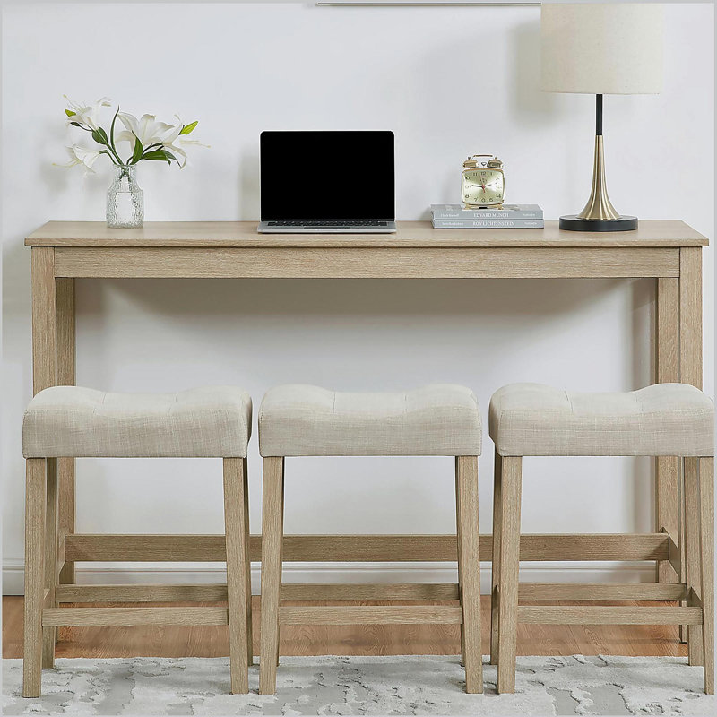 Ensemble de table de bar 4 pièces, table de bar et 3 tabourets rembourrés, Chêne clair, Beige / chêne clair