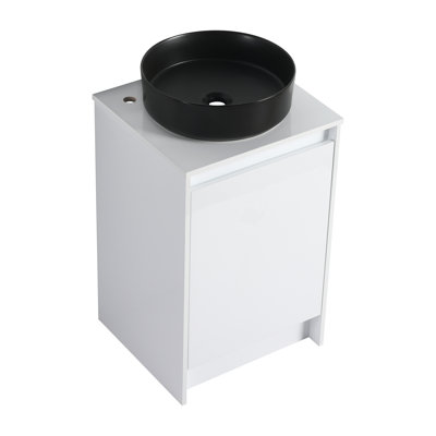 Meuble-lavabo autoportant 32 po avec lavabo en céramique Art Black et 1 petite armoire de rangement, portes à fermeture douce, blanc brillant, contreplaqué (KD-Packing)