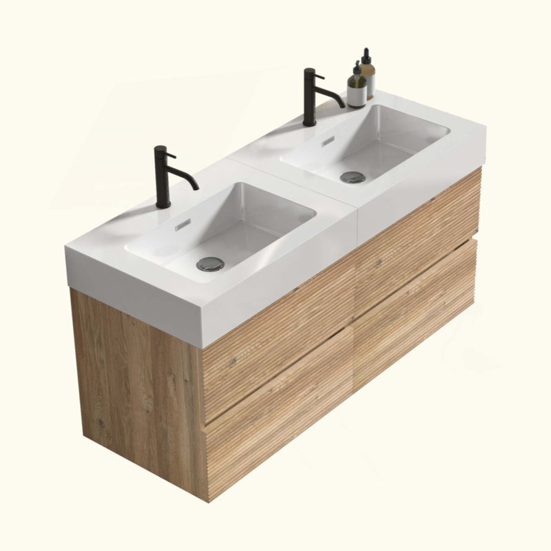 Meuble-lavabo de salle de bain avec lavabo en quartz d'ingénierie et tiroirs souples, meuble-lavabo mural flottant pour salle de bain moderne, lavabo une pièce mat brillant, KD
