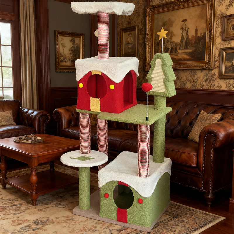 Arbre à chat de Noël de 137 cm de hauteur avec base stable et revêtement doux pour chats. Tour de 137 cm de hauteur offrant plusieurs niveaux de divertissement et de repos en toute sécurité.