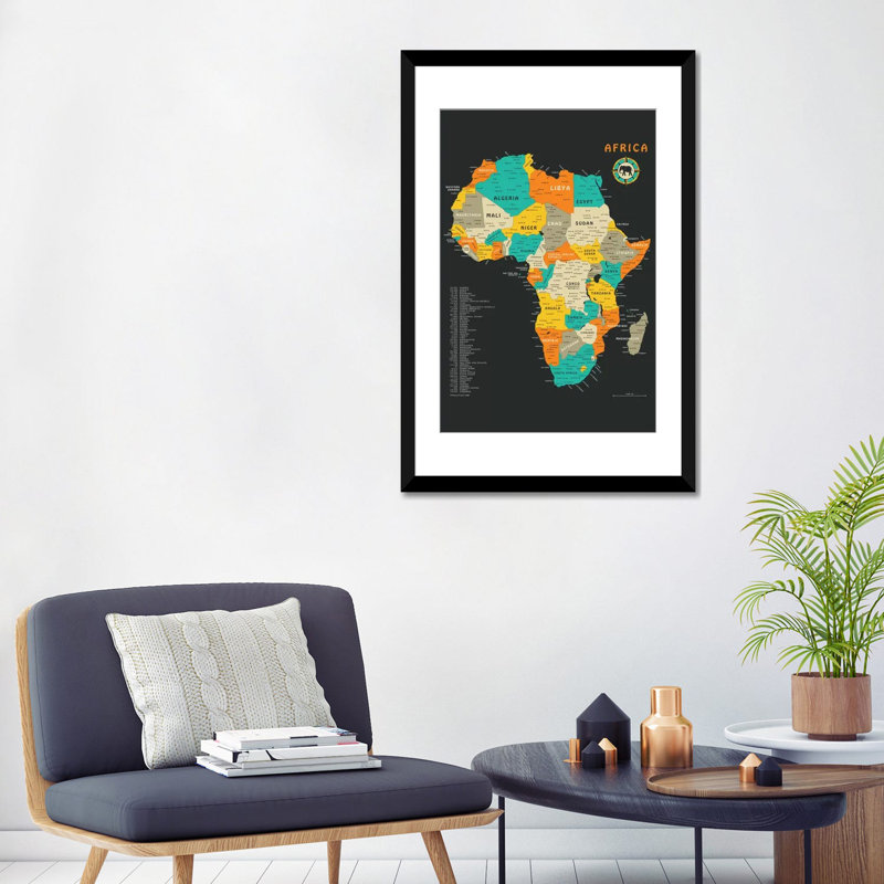 Carte de l'Afrique, impression sur toile tendue, Papier d'art encadré noir, Blanc, H 32 po x l 24 po x P 1 po