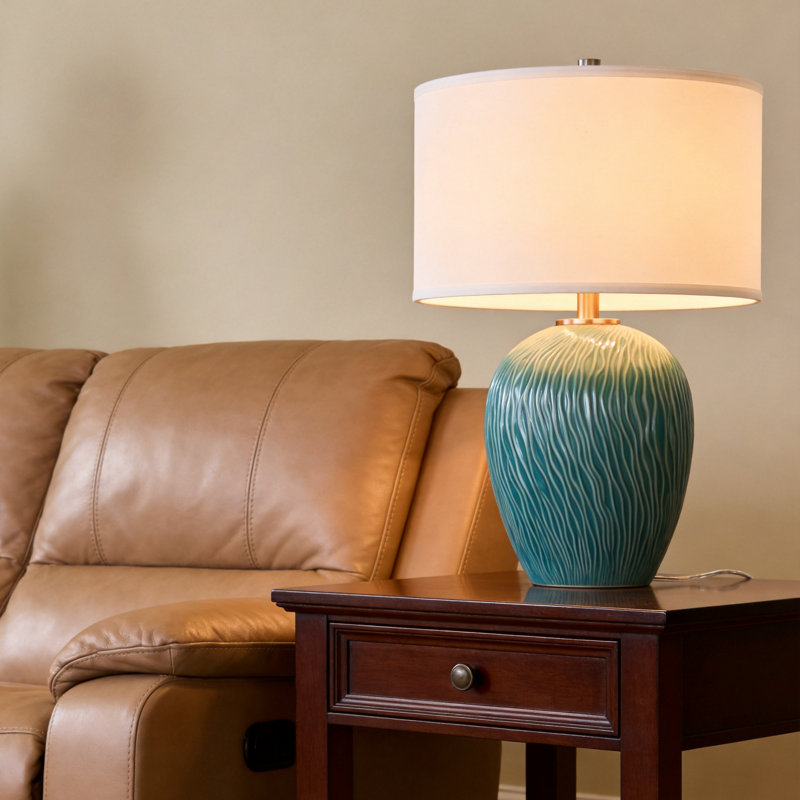 22 Inch Ceramic Table Lamp, Teal Wave Textured Base with Linen Drum Shade