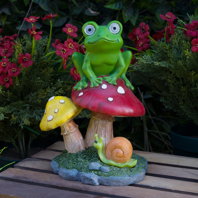 Frog on Mushroom Solar Statue with LED Lights, 12" H x 9" W x 7" D