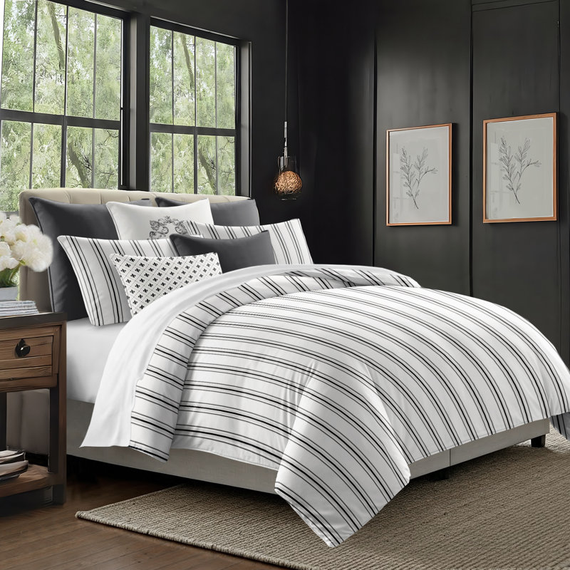 August Stripe Reversible Cotton Duvet Cover Set, Cal.King Duvet Cover + 2 King Shams, Ebony