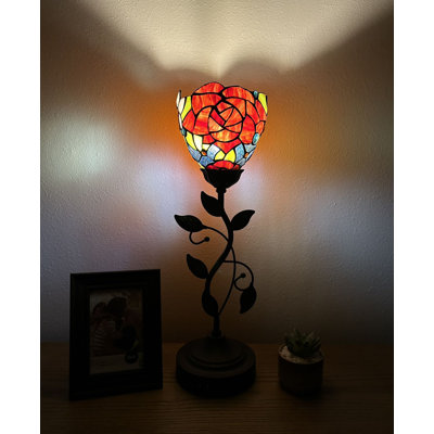 Estero Tiffany Torch Table Lamp Stained Glass Rose Flowers USB Ports Included LED Bulb 6"W*6"D*20"H