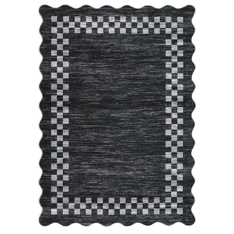 Bordered Rug Narrow Scalloped Hallway Rug with Rubber Backing, Non-Shedding Contemporary Indoor Floor Mat, Foldable Thin Accent Carpet