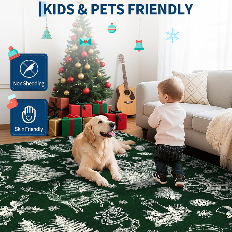 Washable Christmas Rug Non Slip Xmas Festival Christmas Tree Throw Carpet Low Pile Soft Small Rugs Holiday Decor Indoor Rugs for Kitchen Nursery Bedroom