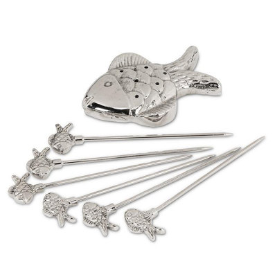 Set Of 6 Fish Picks And Fish Shaped Holder
