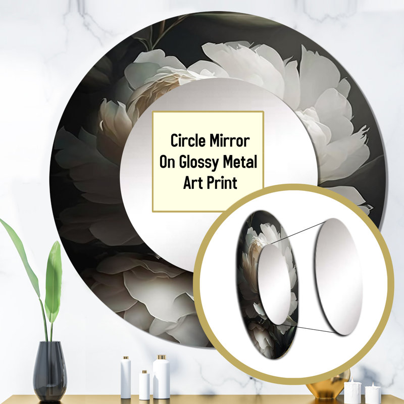 Sosefina Peony Flower III - Peonies Decorative Wall Mirror, Modern Large Round Mirror, Printed Metal Art, 23" x 23"