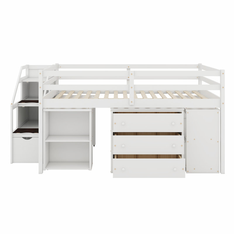Loft Bed With Retractable Writing Desk And 3 Drawers, Wooden Loft Bed With Storage Stairs And Shelves, White