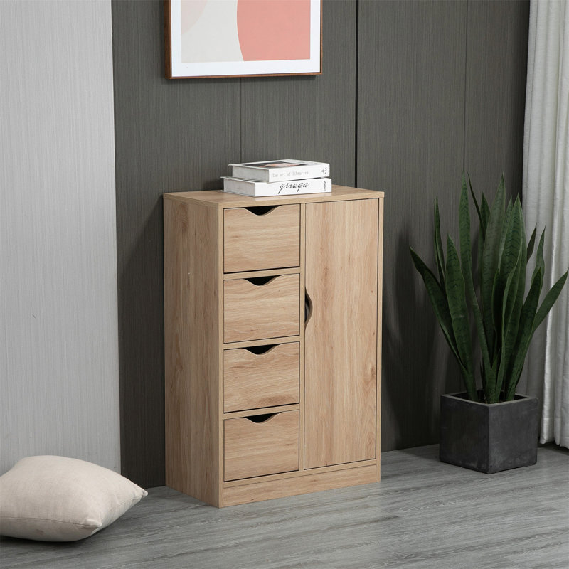 Freestanding Storage Cabinet, Bathroom Floor Cabinet With 4 Drawers And Door, Natural