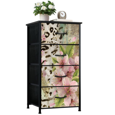 Commode pour chambre à coucher avec 4 tiroirs de rangement Fleurs de cerisier roses Commode à imprimé léopard Commode en tissu avec cadre en acier pour vestibule