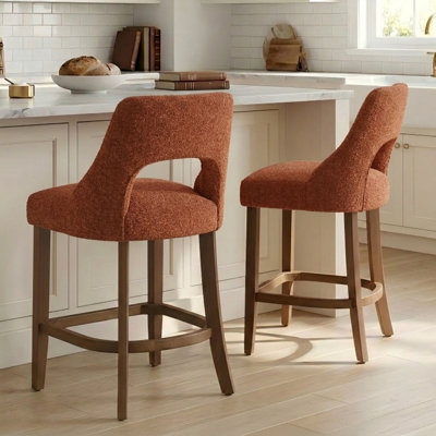 Set of 2, Mid-Century Modern Upholstered Counter Height Bar Stools, 26" Seat Height, Curved Back and Solid Wood Legs (Terracotta)