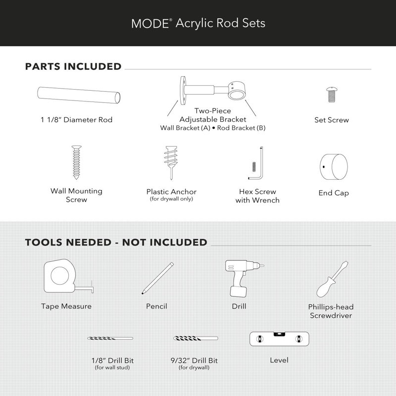 Mode Acrylic Collection 1 1/8 in Diameter Curtain Rod Set with End Cap Finials and Luxe Clear Acrylic Wall Mounted Fixed Length