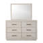 Commode 6 tiroirs gris clair avec miroir, mobilier de chambre transitionnel en acacia massif