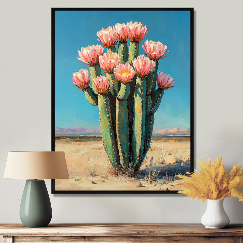 «Manact Pastel Cactus Bloom In The Desert II», art mural Cactus pour le salon, H 32 po x l 24 po, Noir