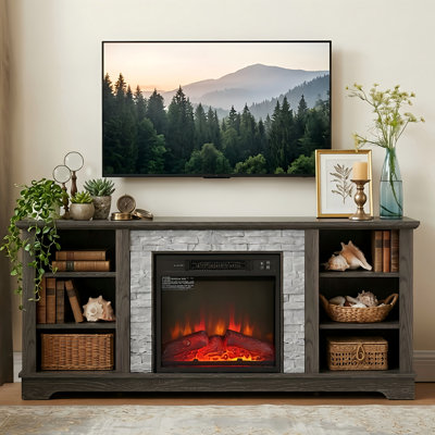  58" Electric Fireplace with Mantel, Fireplace TV Stand for TVs Up to 65", Entertainment Center with Realistic Stacked Stone Surround, 18" Electric Fireplace, TV Console Table for Living Room