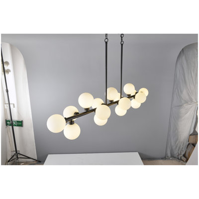 Pendant Lamp with Opal Glass Shade, 16-Lights Modern Farmhouse Ceiling Pendant Hanging Light Fixture Over Table, for Dining Room, Kitchen Island--NO INCLUDED BULBS--Matte Black+Opal