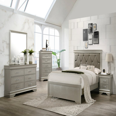 1pc Modern Glam Style Two Drawers Bedroom Nightstand Champagne Finish Solid Wooden Crystal Accent-Like Diamond Tufted Crocodile Texture