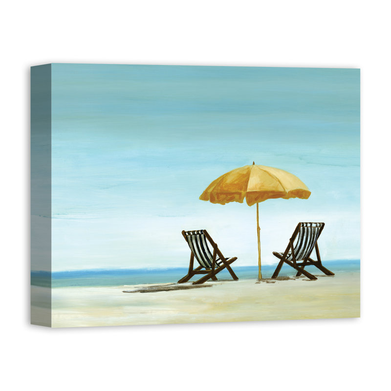 « beach chaises under jaune parasol », peinture à l’acrylique sur toile en bleu, H 16 po x l 20 po, Toile tendue