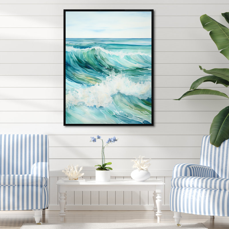 Impression sur toile Ocean Minimal Waves Charm III, Cadre flottant noir, H 32 po x l 16 po x P 1 po