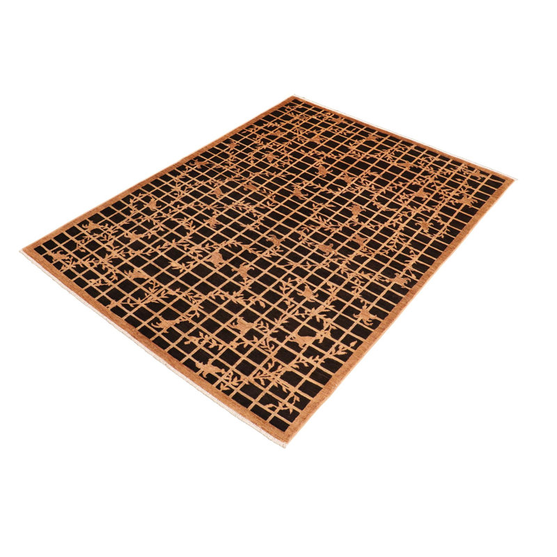 Tapis géométrique noir en laine noué à la main à motif géométrique 5 pi 10 po x 8 pi 9 po Baccio