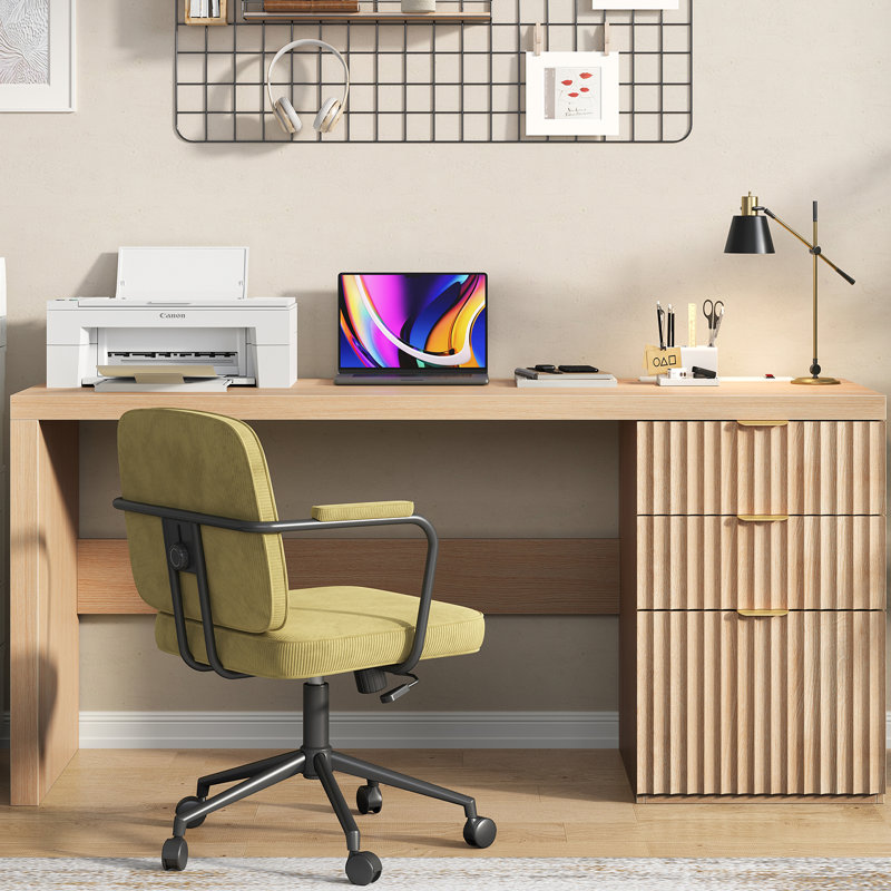 Bureau de direction cannelé de 60 po avec grand tiroir de classement et grande station de charge, bureau moderne en bois avec rangement, bureau d'ordinateur pour le travail, salon, chambre à coucher, durable et robuste, naturel