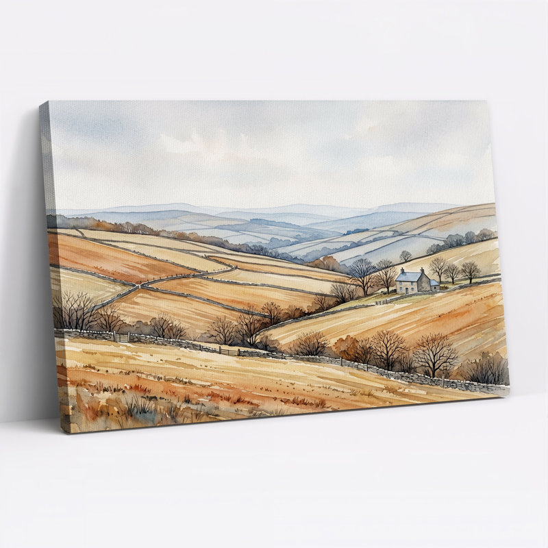Tableau sur toile aquarelle représentant des collines ondulantes et des murs de pierre, 16"H x 24"W